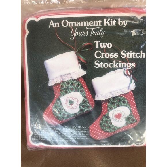 Christmas  Ornament Kit  Yours Truly Fabric Two Cross Stitch Stockings 1981 - Picture 1 of 4